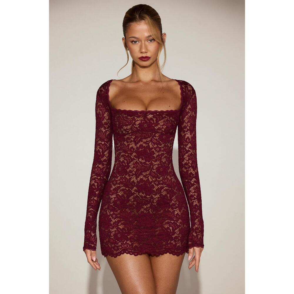 Oh Polly Sheer Scalloped-Lace Long-Sleeve Mini Dress in Wine Red Size SS